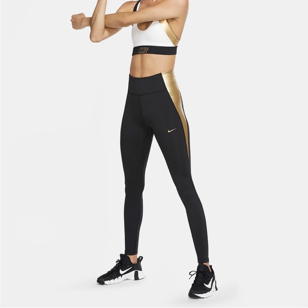 NIKE WOMEN'S ONE TIGHT PP5 COLORBLOCK - BLACK/BLACK/METALLIC GOLD - SIZE XL